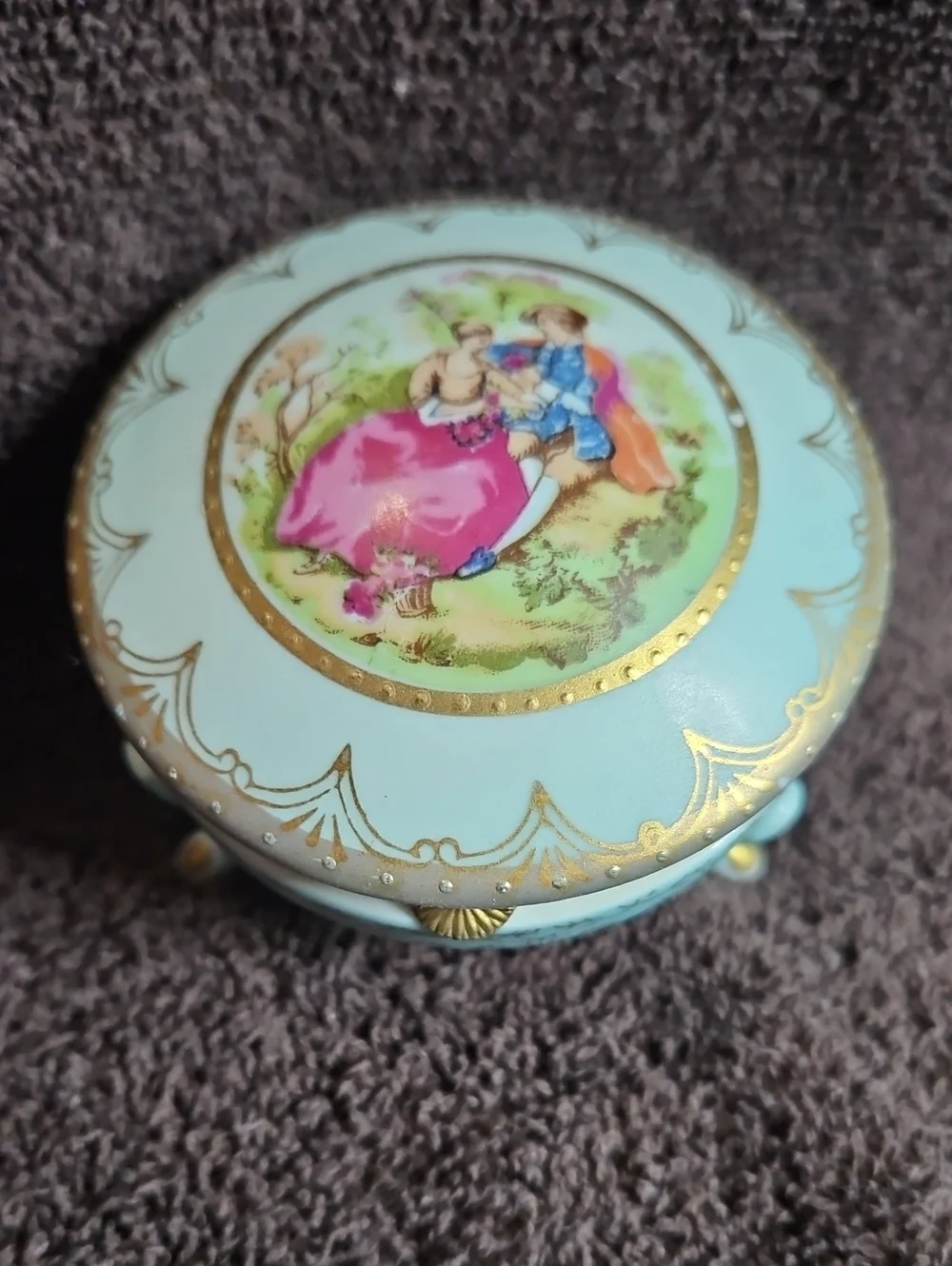 Blue and Gold Porcelain Trinket Box with Romantic Scene